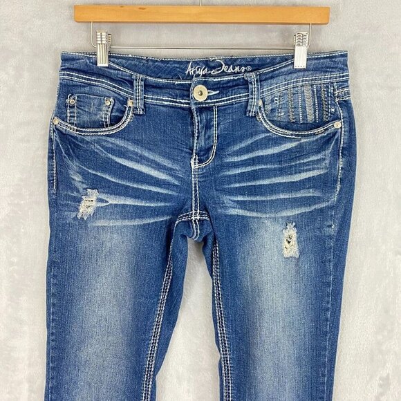 Ariya Bootcut Jeans Juniors' 7 Embroidered Denim Whiskered Rodeo Cowgirl Western - Picture 3 of 16